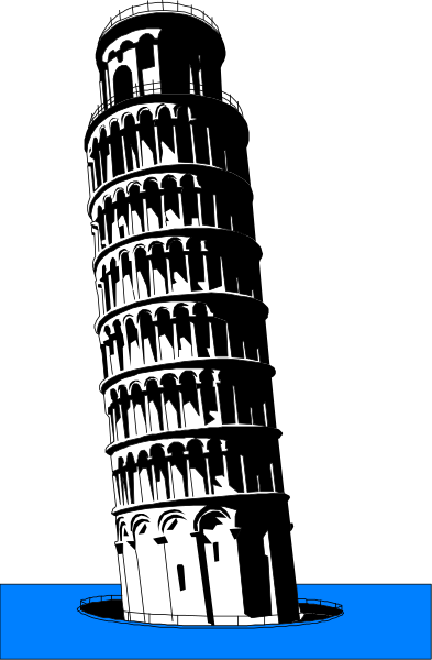 The image shows a black and white illustration of an iconic leaning tower with arches on its sides next to water under what appears to be night sky.