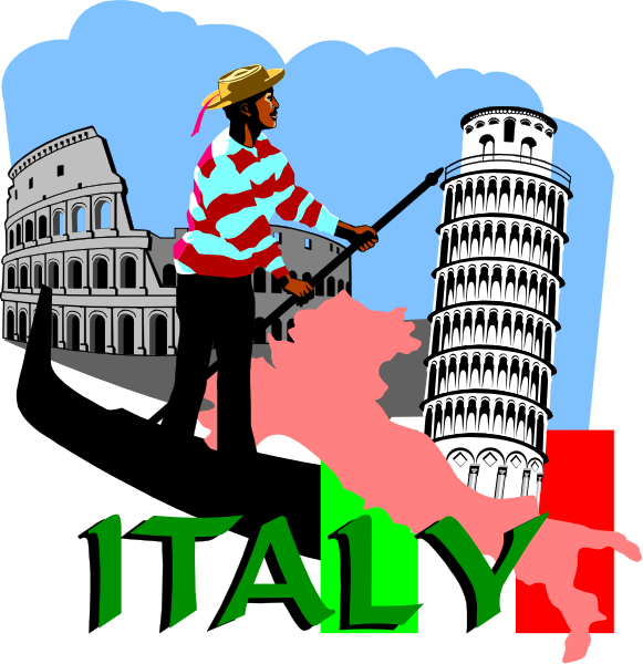 The image features a cartoon of two men standing on either side of an Italian flag with landmarks like Big Ben and the Colosseum in the background; one man is holding a camera while another has his arm around him, both wearing striped shirts.