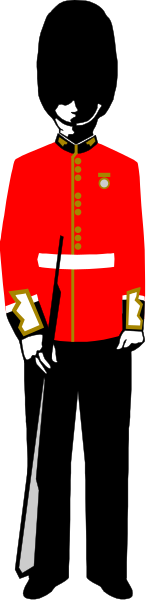 The image shows a black and white illustration of an officer dressed as Queen's Guard standing next to a red telephone booth with stripes on it against a gray background.