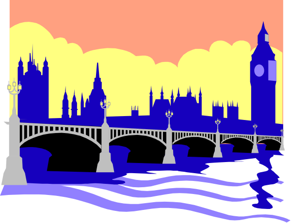 The image shows a stylized illustration of London's iconic Big Ben clock tower with its reflection on water in front of it; there is also an outline drawing of Westminster Bridge to the right, and silhouettes of two people walking along the bridge at sunset or dusk.