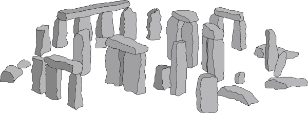 The image shows a black and white illustration of Stonehenge with several standing stones arranged around it on what appears to be an overcast day.