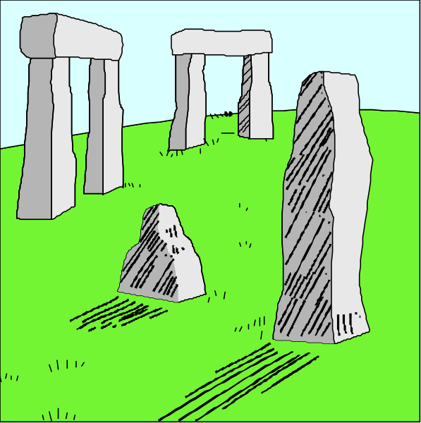 The image shows a cartoon of Stonehenge with two panels: In panel 1, there is an illustration of three standing stones in front of what appears to be grass; in panel 2, one stone has fallen over and lies on its side next to another upright stone. There are no people or animals present in the image. The setting seems to represent a field with some vegetation around it. No actions can be discerned from this still frame.