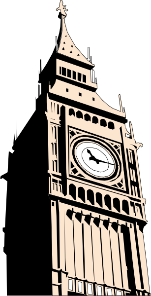 The image shows a black and white illustration of Big Ben clock tower at night with its iconic face visible on the right side against a dark sky background.