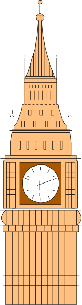The image shows a black and white illustration of Big Ben with its clock face clearly visible against an overcast sky background.