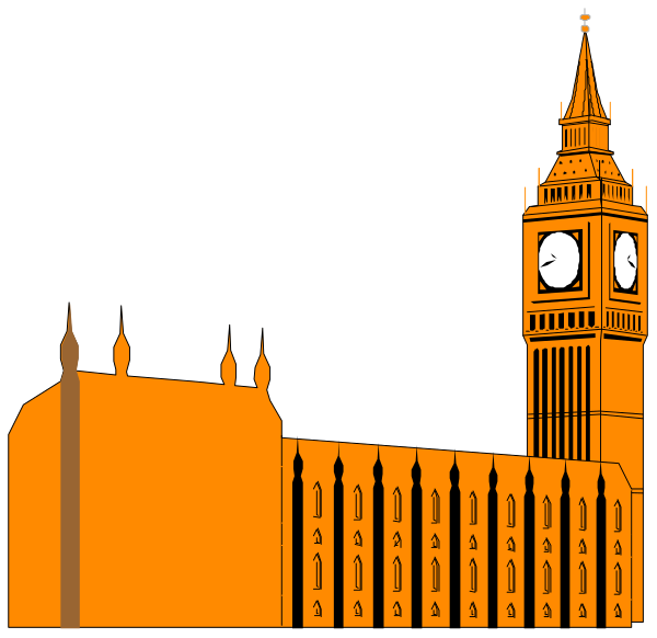 The black and white silhouette of a clock tower with an orange sky background behind it.