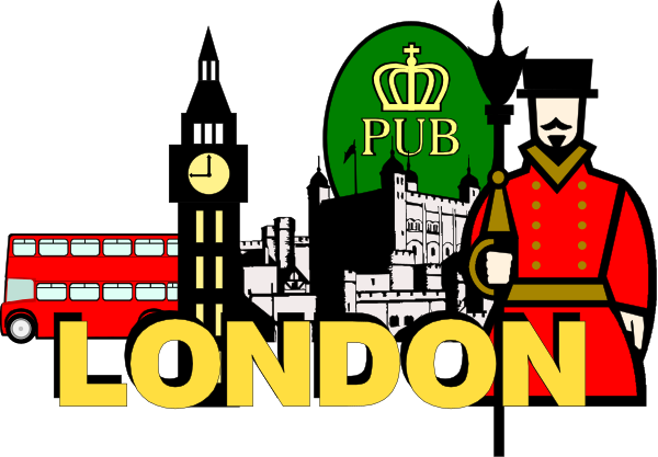 The image shows a stylized graphic with text that reads "LONDON" at the bottom center of an illustration featuring iconic London landmarks such as Big Ben, red double-decker buses, and Union Jack flags in various locations throughout the scene.
