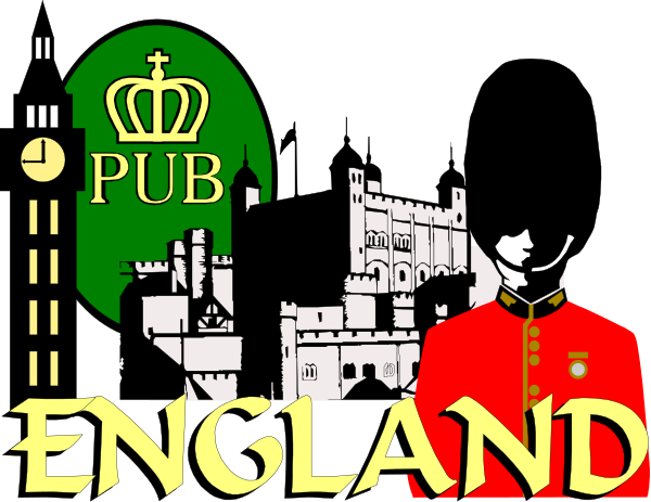 The image features a black background with white text that reads "England" at the bottom center of an illustration depicting various symbols associated with England: a crown on top left corner; a clock tower in the middle right, resembling Big Ben or similar structures; and two red coats representing guardsmen. The overall style is reminiscent of clip-art graphics commonly used for logos or decorations related to British culture.