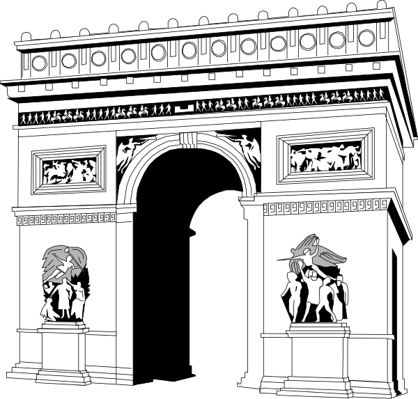 The black and white illustration shows a classical architectural structure resembling an ancient Greek temple with columns on either side of its entrance archway, featuring intricate carvings atop each column; it is set against what appears to be nighttime sky backgrounds in two different styles: one depicts the full moon illuminating the scene and another shows a darker setting.