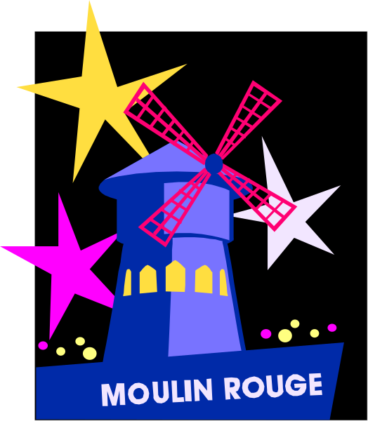 The image features a cartoon illustration of an iconic windmill with stars around it against a dark background; below is text that reads "MOUIN ROUGE."
