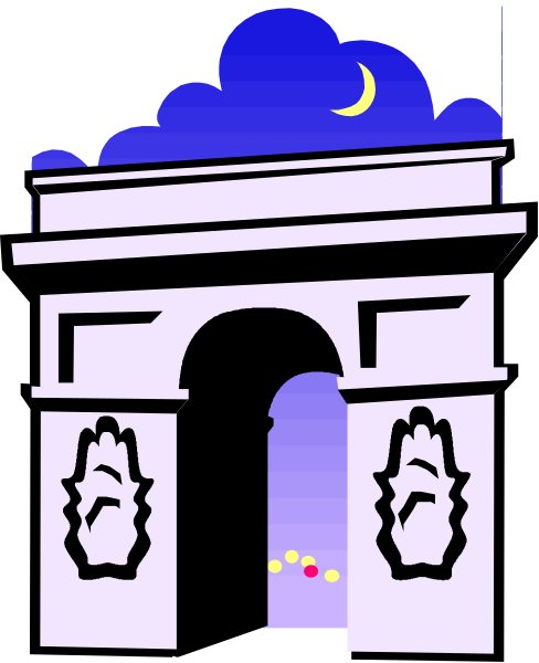 The image shows a stylized illustration of an archway with columns leading to it under what appears to be night sky background featuring stars and clouds; there is no text present in this clip-art piece.