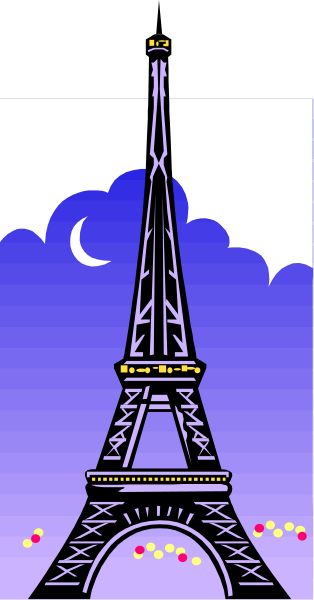 The image shows a stylized illustration of an Eiffel Tower at night with lights on it against a dark sky background that has stars scattered across it; there is also what appears to be a crescent moon in the upper left corner, and below the tower, there are two small red dots.