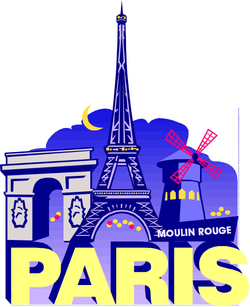 The image features a logo with text that reads "Paris" at the bottom of an illustration depicting iconic Parisian landmarks such as the Eiffel Tower in front of which is a windmill, and other buildings including what appears to be Notre Dame cathedral behind.