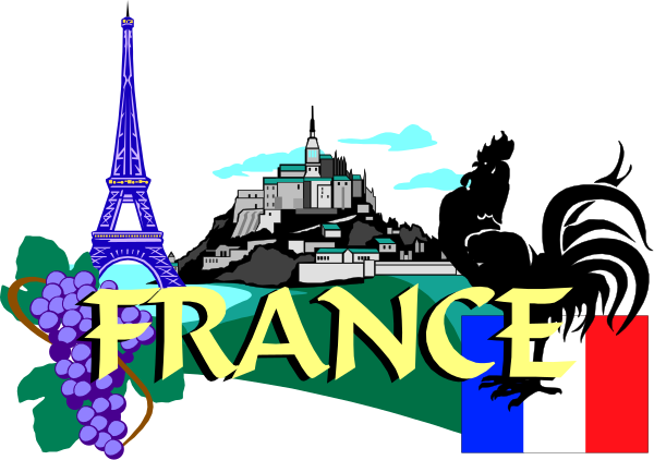 The image shows a graphic with text that reads "FRANCE" at top right corner overlaid on an illustration of Paris's Eiffel Tower in front of buildings resembling those found along its river Seine, and below it is another line of text reading "France."