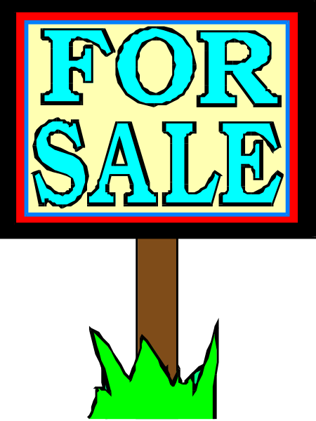 The image shows a for sale sign with text that reads "FOR SALE" on top of it against an outdoor background featuring grass and trees.