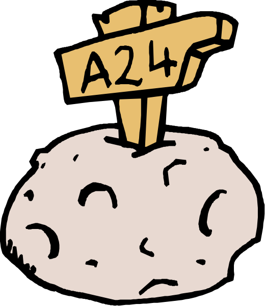 The image shows a cartoon of an asteroid with text on it that reads "A24" next to what appears to be a signpost indicating direction towards A36.