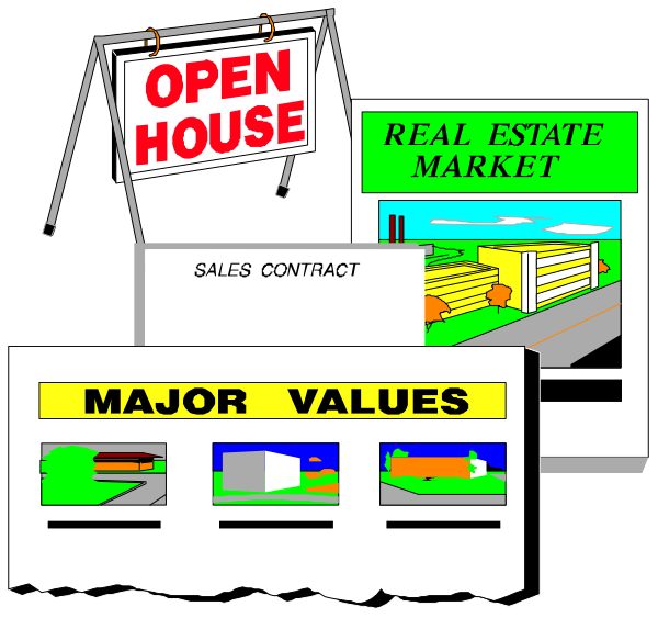 The image shows a collection of real estate signs on display at an open house event for sales contracts with major values listed below them in front of buildings under construction.