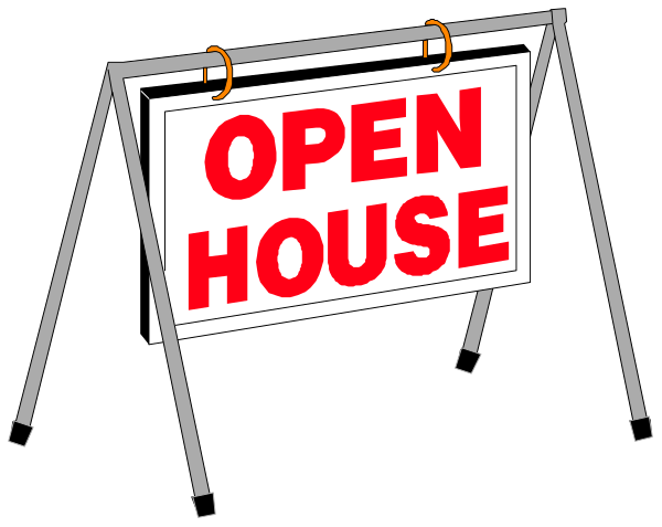 The image shows a sign that reads "OPEN HOUSE" on an easel with wheels atop it against a dark background.