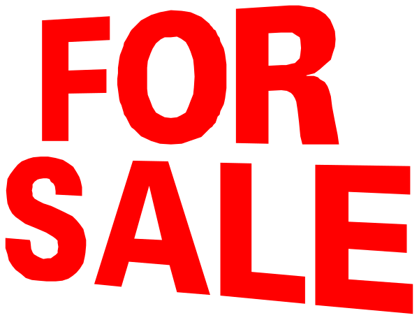 The image shows a red "for sale" sign with white text on it against an indistinct background.