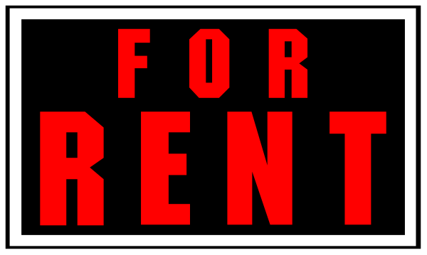 The image shows a graphic with text that reads "FOR RENT" on top of an illustration resembling a house key against a red background at bottom right corner.