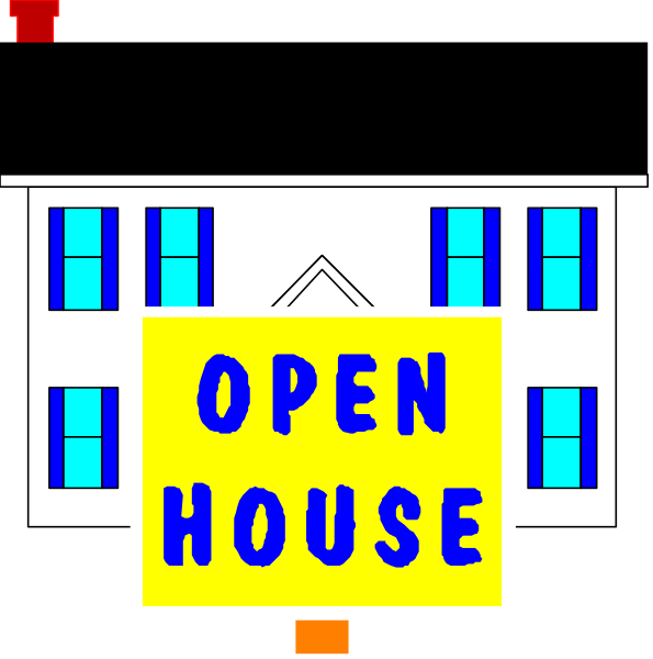 The image shows a black and white illustration of an open house sign on top of a two story building with windows visible in both levels; there is no text present within this description as it pertains to visual content only, focusing solely on objects without any actions or descriptions related to them.
