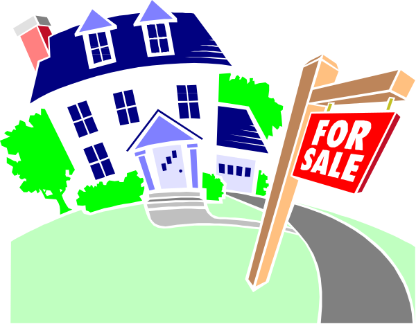 The image shows a cartoon depiction of an old house with "For Sale" sign on its lawn next to a roadway that curves around it in front of another similar home; there is no text present, and all elements appear static without any action taking place.