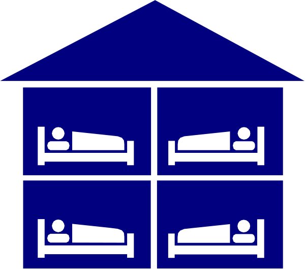 The image shows a blue house with three bedrooms each containing two beds; there is no sign of any human activity within these rooms.