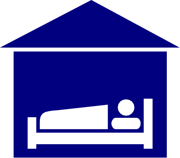 The image shows a blue house with an open door on top of which there is a white bed icon inside it.