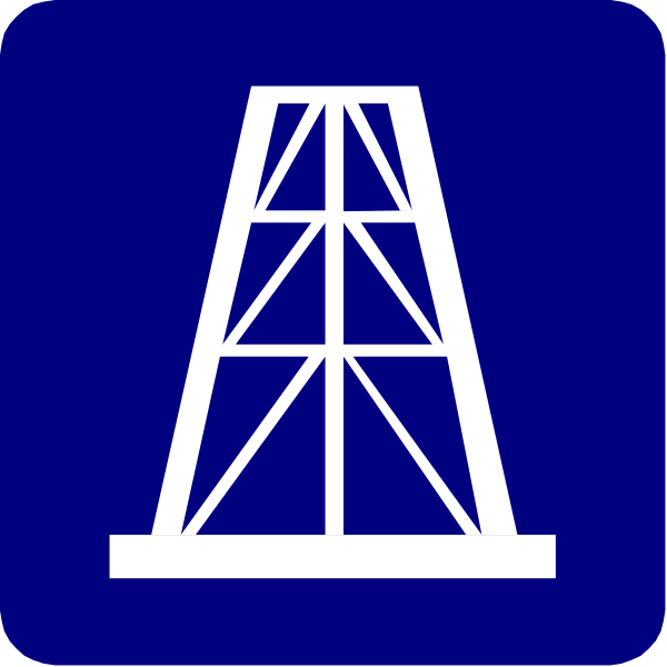 The image shows a blue sign with an illustration of two oil derricks on top against a white background.