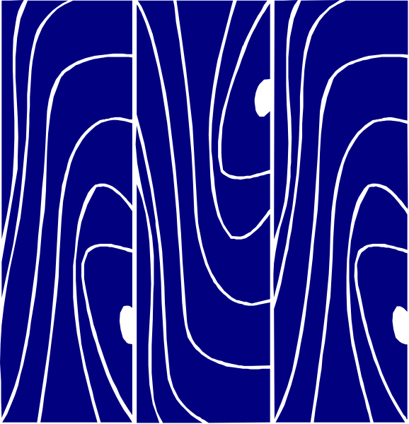 The image shows a blue abstract design with flowing lines that create an illusion of depth and movement across two panels.