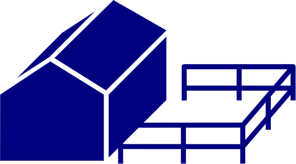 The image shows a blue house with an attached garage next to it on what appears to be a gray background.