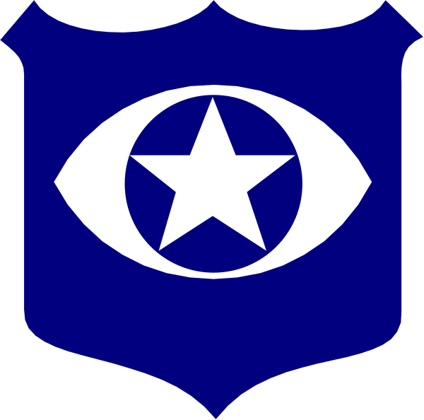 The image shows a blue shield with an eye symbol inside it on top of what appears to be a flagpole against a dark background.