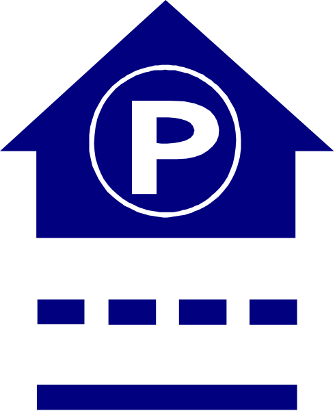 The image shows a blue parking sign with an arrow pointing upwards to a building that has a house shape on top of it.