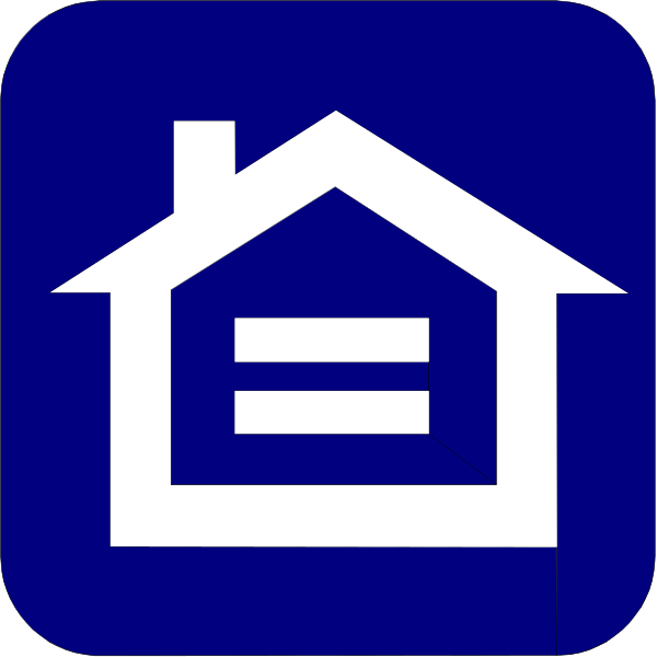 The image shows a blue house icon with an envelope symbol inside it on what appears to be a signage background.