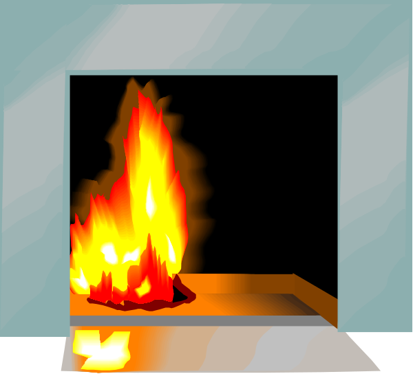 The image shows a fireplace with flames inside it on top of an object that resembles a mantelpiece within what appears to be a room with white walls; there is no text present in this small clip-art picture, and all elements depicted here seem static without any actions taking place or people visible.