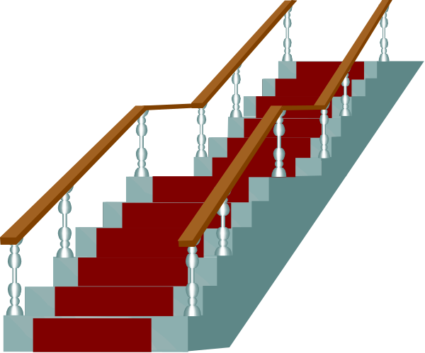 The image shows a set of stairs with red carpeting on each step leading up to an elevated platform atop which there is another staircase going downward in what appears to be a stylized representation, possibly for illustrative purposes such as architectural design or concept art.