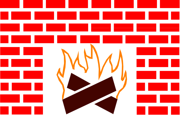 The image shows a brick fireplace with flames inside it against an orange background.