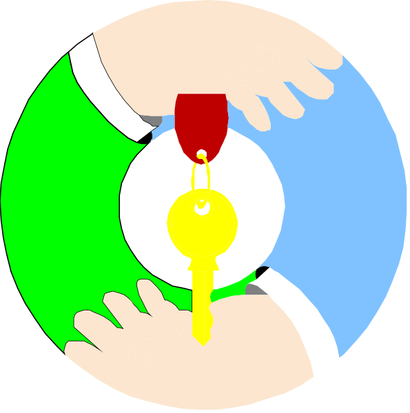The image shows a key with an attached medal hanging from someone's hand over two circular icons that represent keys on their own; one is green while the other has blue background with white border. There appears to be no text in this clip-art illustration, and it seems like a simple representation of awarding or recognition for something related to key usage or possession. The setting suggests an abstract concept rather than any specific location or environment.