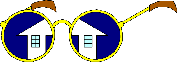 The image shows a cartoon of three magnifying glasses with houses inside them on top of each other against a dark background.