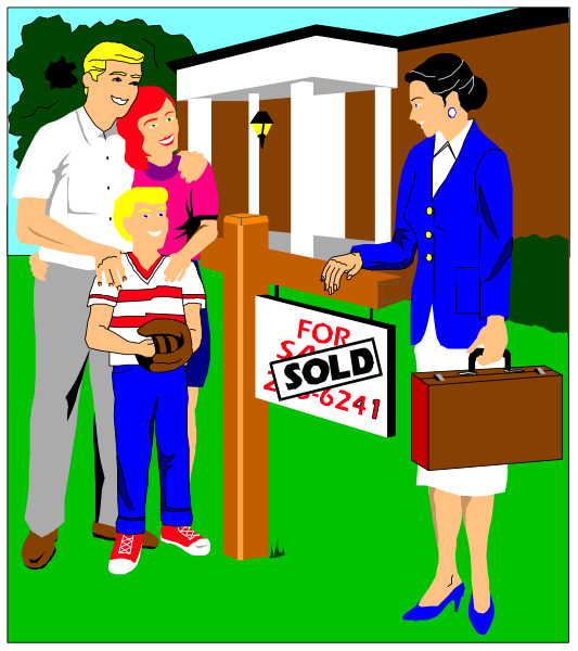 The illustration depicts a family of four standing on their front lawn with signs indicating that they have recently sold their home for $624K. A real estate agent is handing them an award plaque, and there's also another sign advertising "For Sale" in the background.