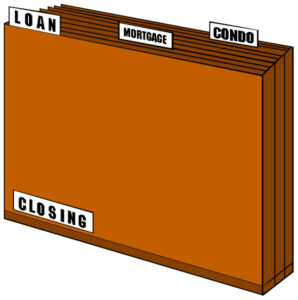The image shows a blank sign with text that reads "LOAN," "MORTGAGE," "CONDO" on it in different fonts against an orange background.