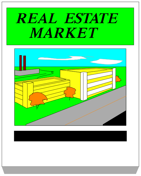 The image shows a sign for "Real Estate Market" with an illustration of buildings behind it on what appears to be a roadside advertisement board.