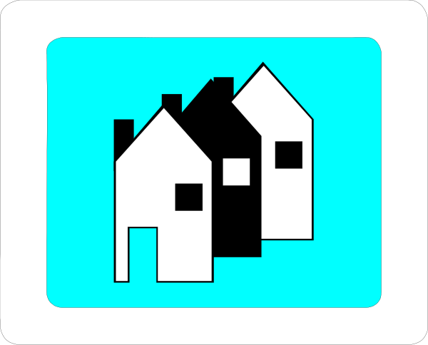 The image shows a stylized depiction of two houses with blue roofs next to each other on what appears to be an icon representing real estate listings in black and white tones against a light background, possibly indicating that this is part of a computer interface or application related to property search.