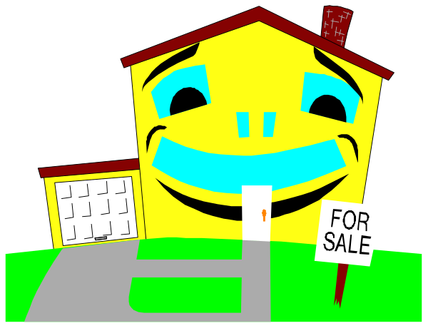 The image shows a cartoon depiction of an exaggeratedly happy house with eyes and mouth drawn on it holding up signs that say "FOR SALE" in front yard.