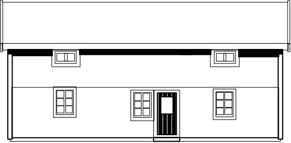 The image shows a black and white pixelated representation of an abstract scene with various shapes that could be interpreted as buildings against a dark background.