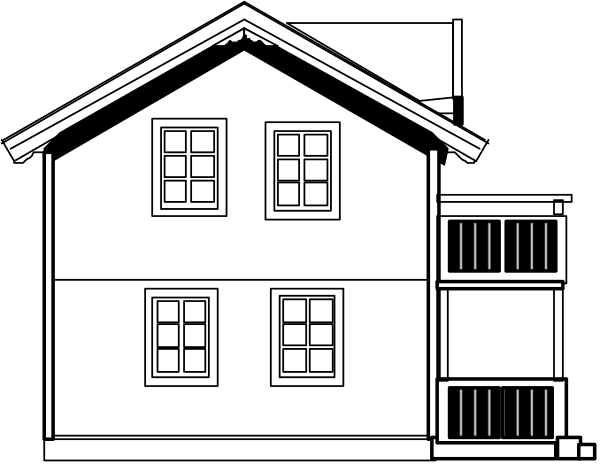The black and white photo shows a building with multiple windows on its facade; there is no visible activity within these spaces as it appears to be an inanimate structure without any human presence or discernible objects that can be confidently identified from this angle of view.