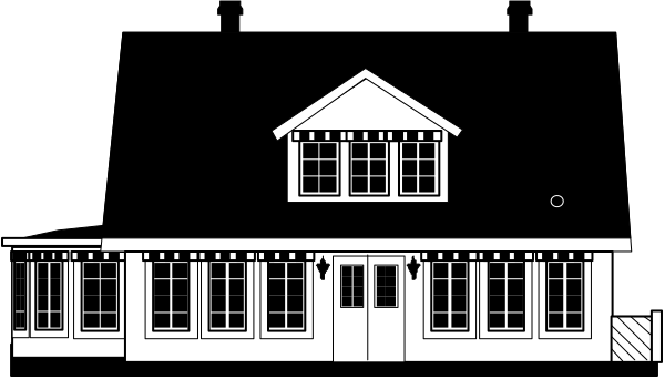 The black and white illustration shows a single story building with multiple windows on each side of its facade.