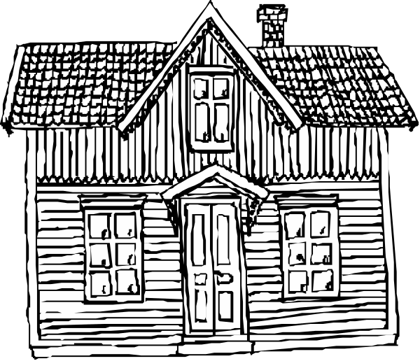 The black and white illustration shows a simple sketch of an old house with two visible windows on its front facade.