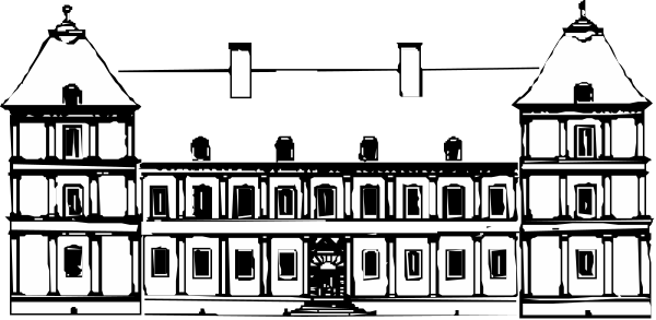 The black and white photo shows a large building with multiple windows on each floor, resembling an old European-style structure that could be a castle or mansion.