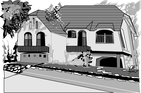 The black and white illustration shows a two story house with multiple windows on each floor, balconies at both levels of front facade, an attached garage door to left side of building, driveway leading up to it, trees in background suggesting suburban setting.