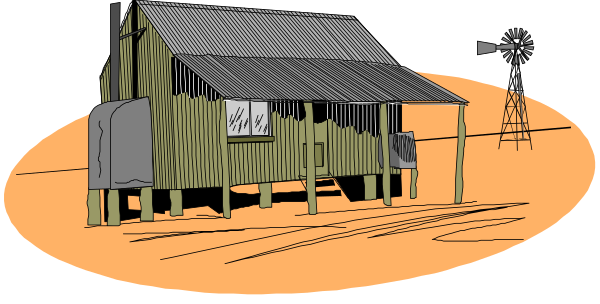 The image shows a cartoon of an old wooden barn with haylofts on top next to a windmill under a clear sky during sunset in what appears to be rural countryside.